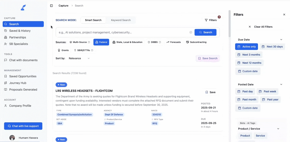 Searching government contracts in SamSearch